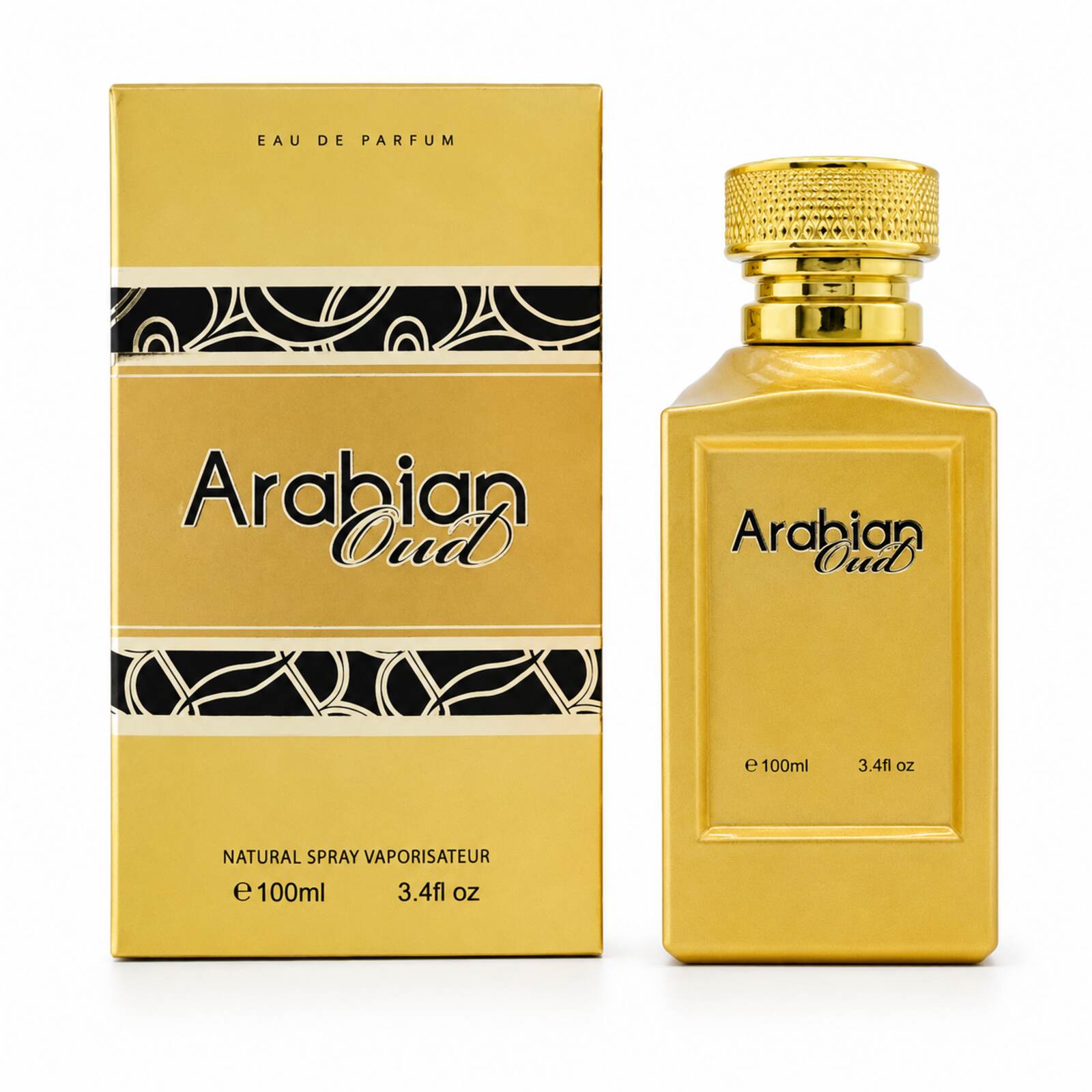 Arabian Oud 100ml Eau de Parfum gold bottle and matching box on white
