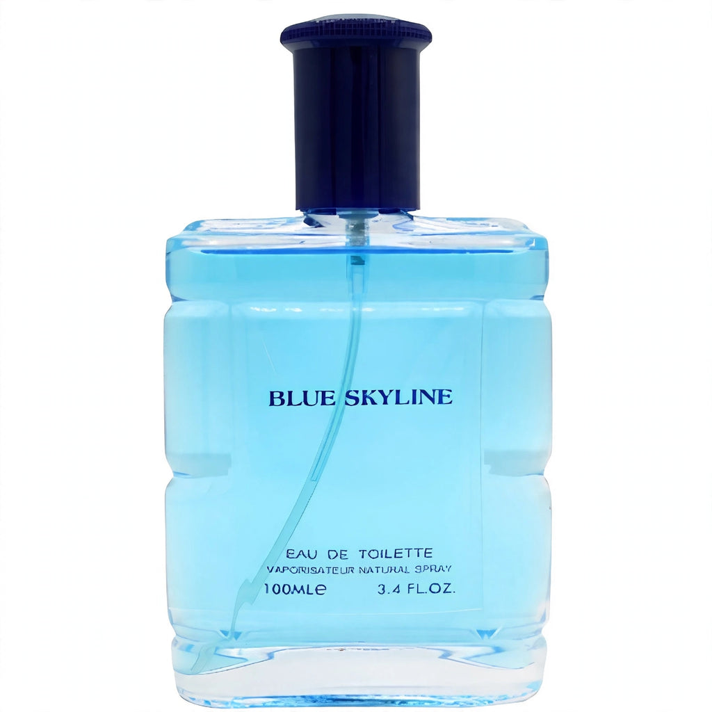 Close-up of Fine Perfumery Mens Blue Skyline 100ml EDT Spray bottle