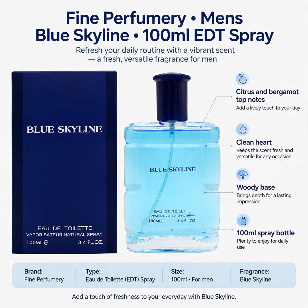 Infographic showing citrus and bergamot top notes, clean heart, woody base, and 100ml spray bottle