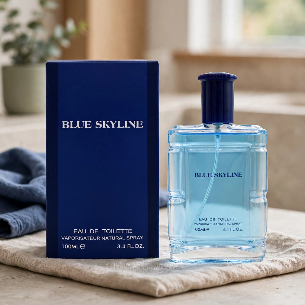 Fine Perfumery Mens Blue Skyline 100ml EDT Spray displayed for everyday or casual wear