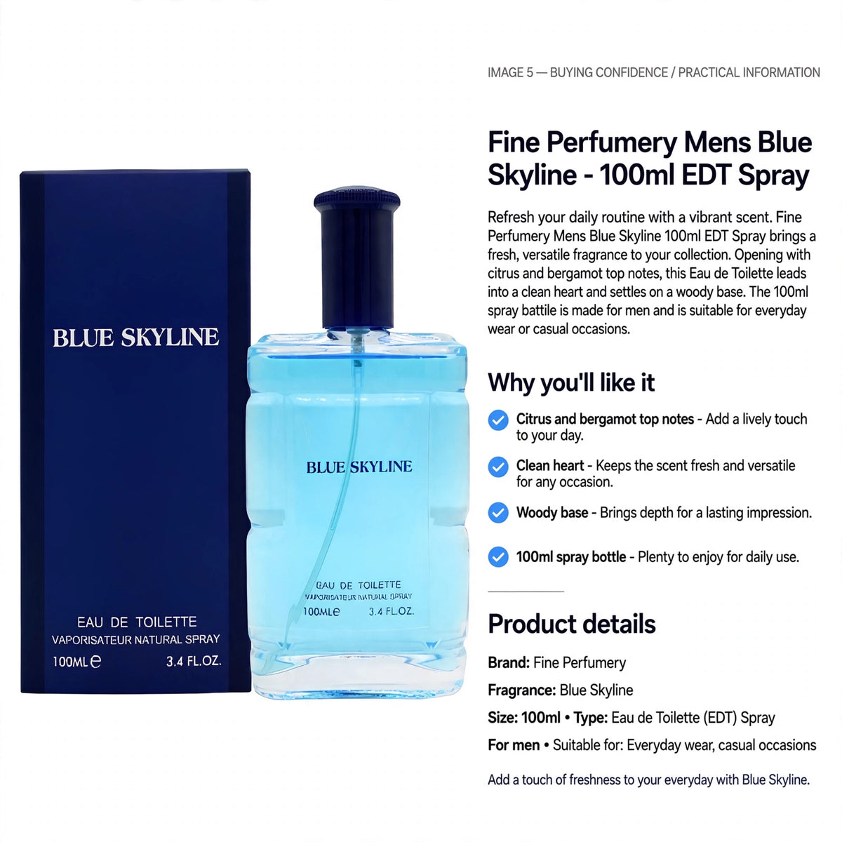 Fine Perfumery Mens Blue Skyline 100ml EDT Spray suitable for men and daily use