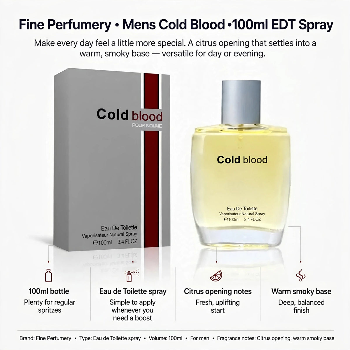 Infographic showing 100ml bottle size, citrus opening notes, warm smoky base, and Eau de Toilette spray