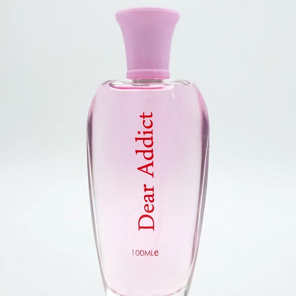 Close-up view of Fine Perfumery Womens Dear Addict Eau de Parfum spray bottle