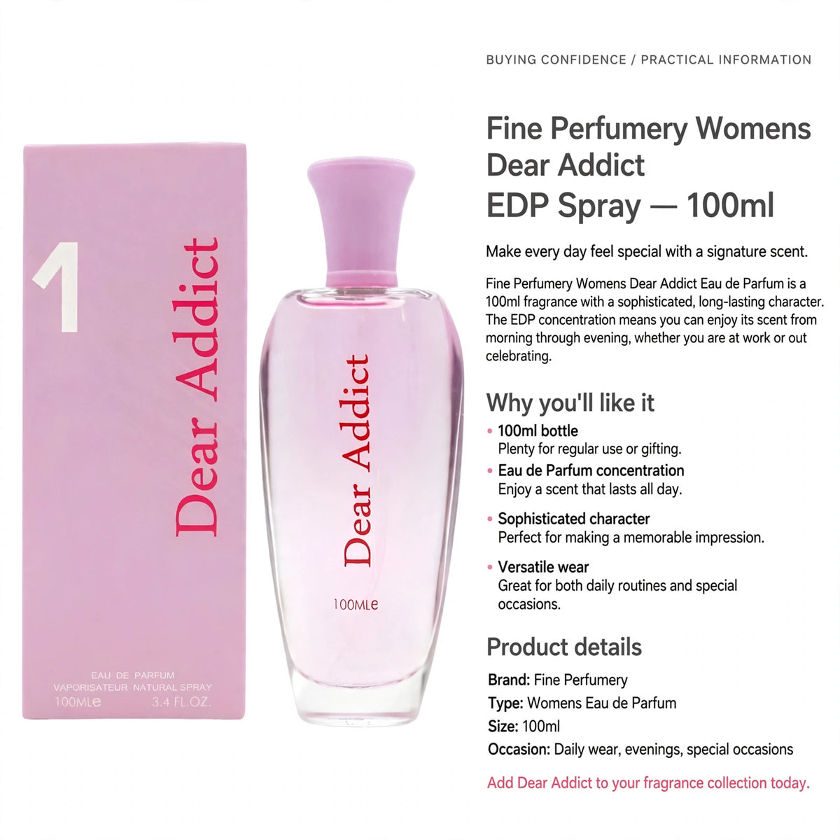 Information about 100ml size and long-lasting Eau de Parfum scent