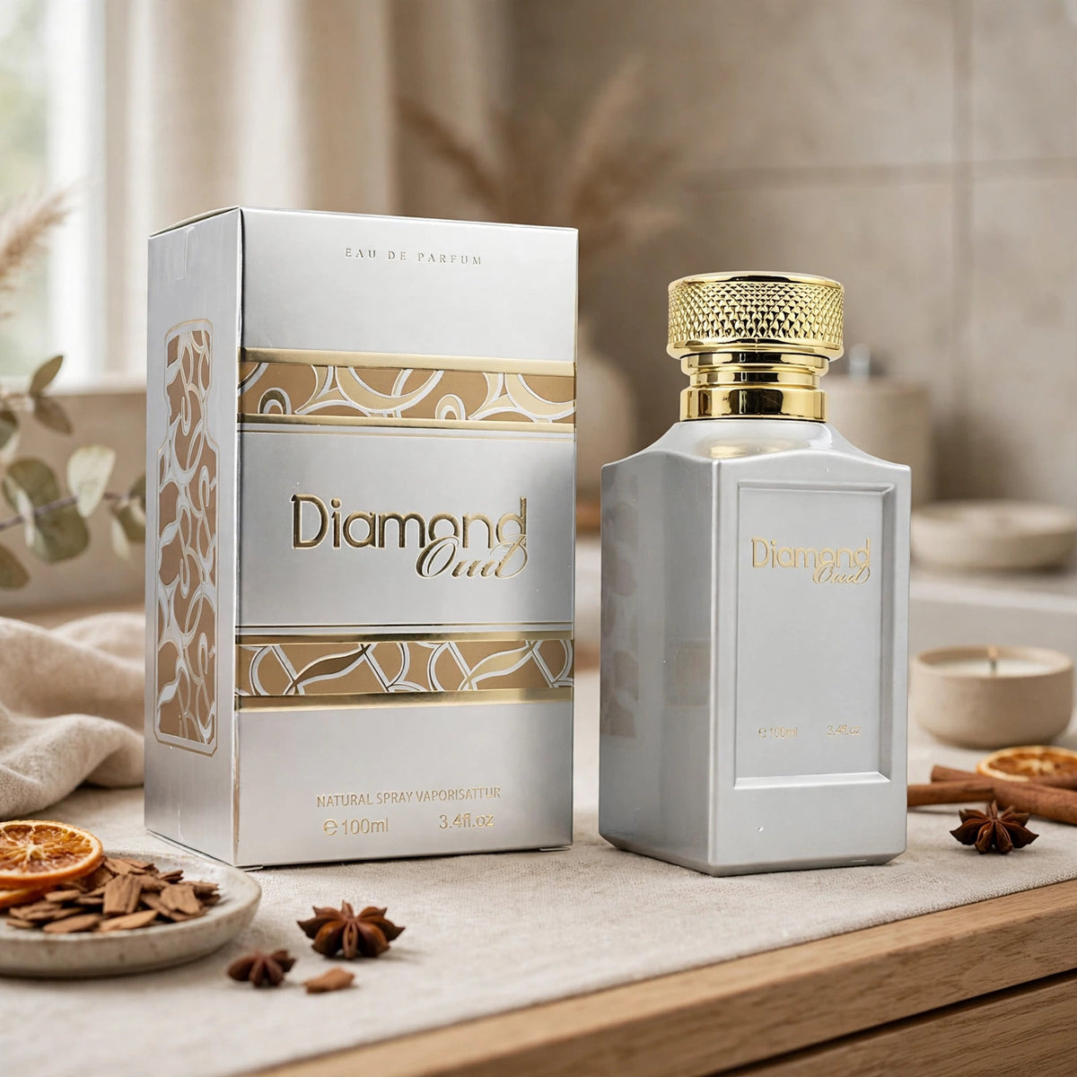 Diamond Oud unisex Eau de Parfum spray bottle displayed for everyday use