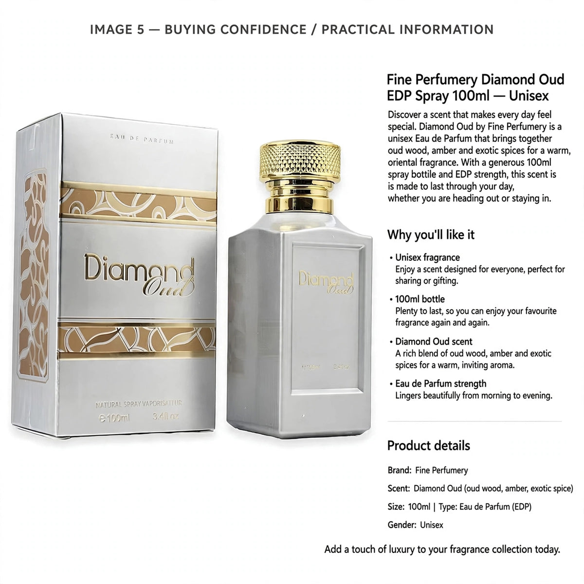 Information about unisex use, 100ml size, and Eau de Parfum strength of Diamond Oud fragrance