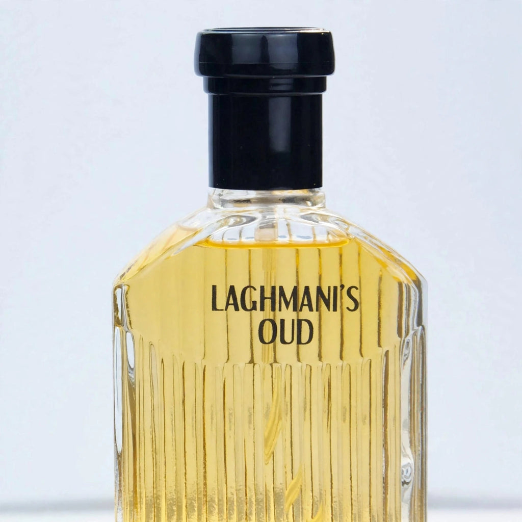 Close-up view of Fine Perfumery Oud Black EDP spray bottle