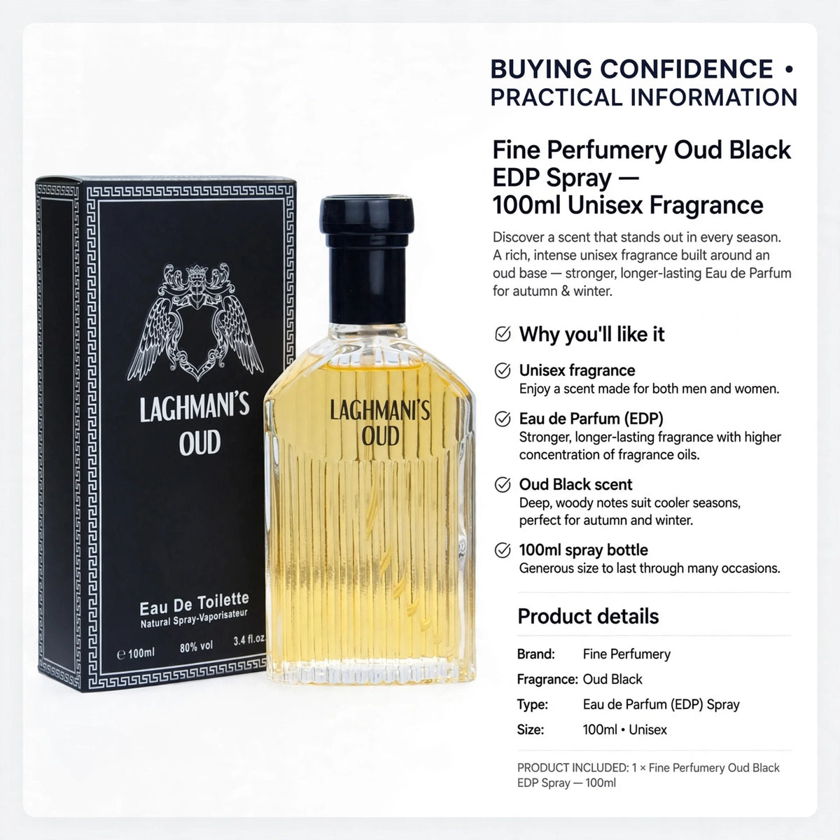 Details of Eau de Parfum concentration and unisex fragrance suitable for cooler seasons
