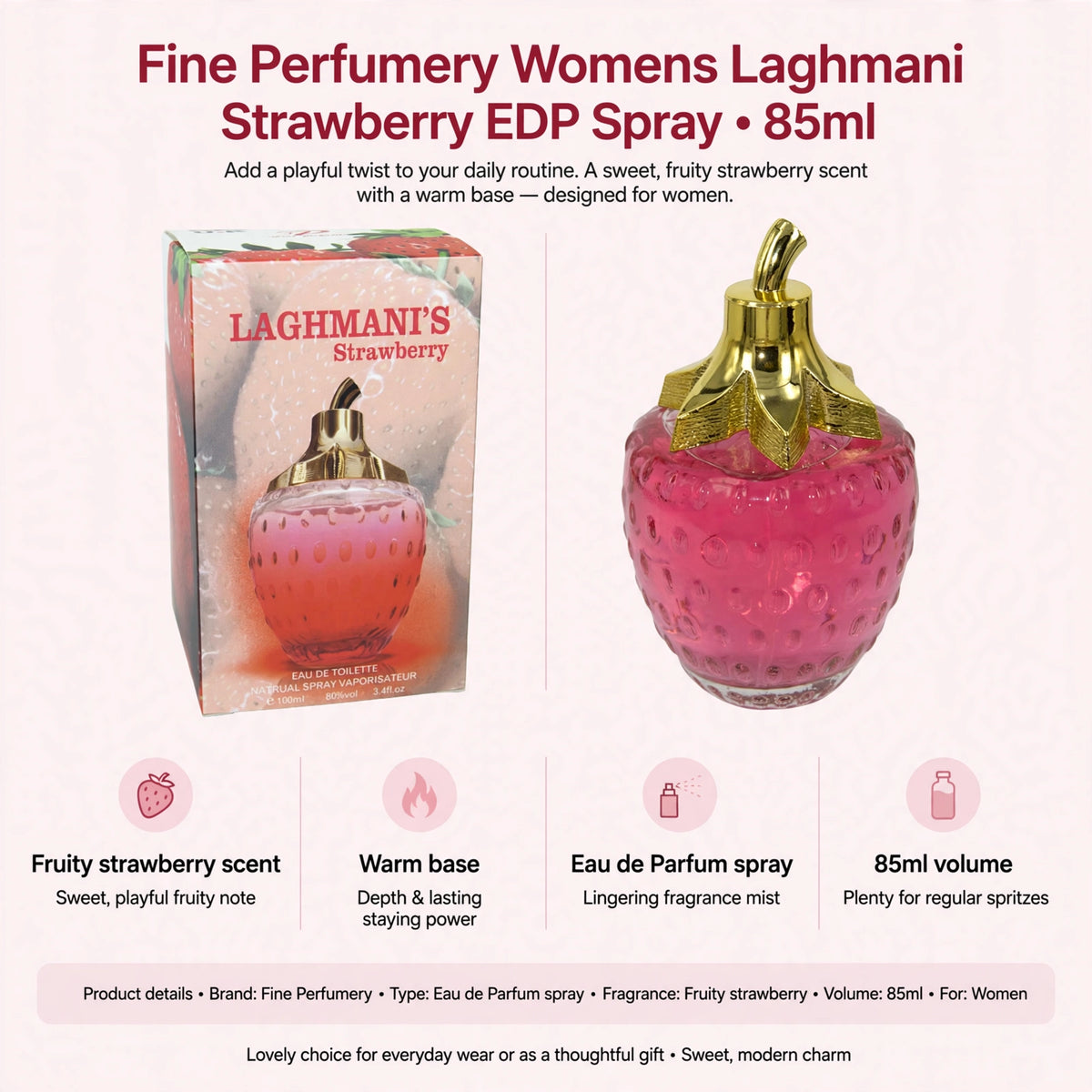 Infographic showing fruity strawberry scent, warm base, Eau de Parfum spray, and 85ml volume features