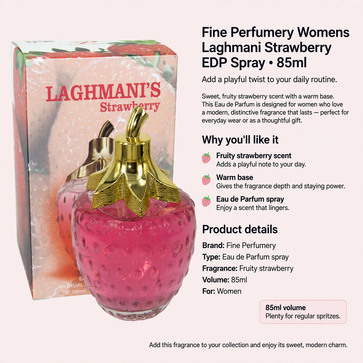 Information about Fine Perfumery Womens Laghmani Strawberry Eau de Parfum spray with fruity strawberry scent and warm base