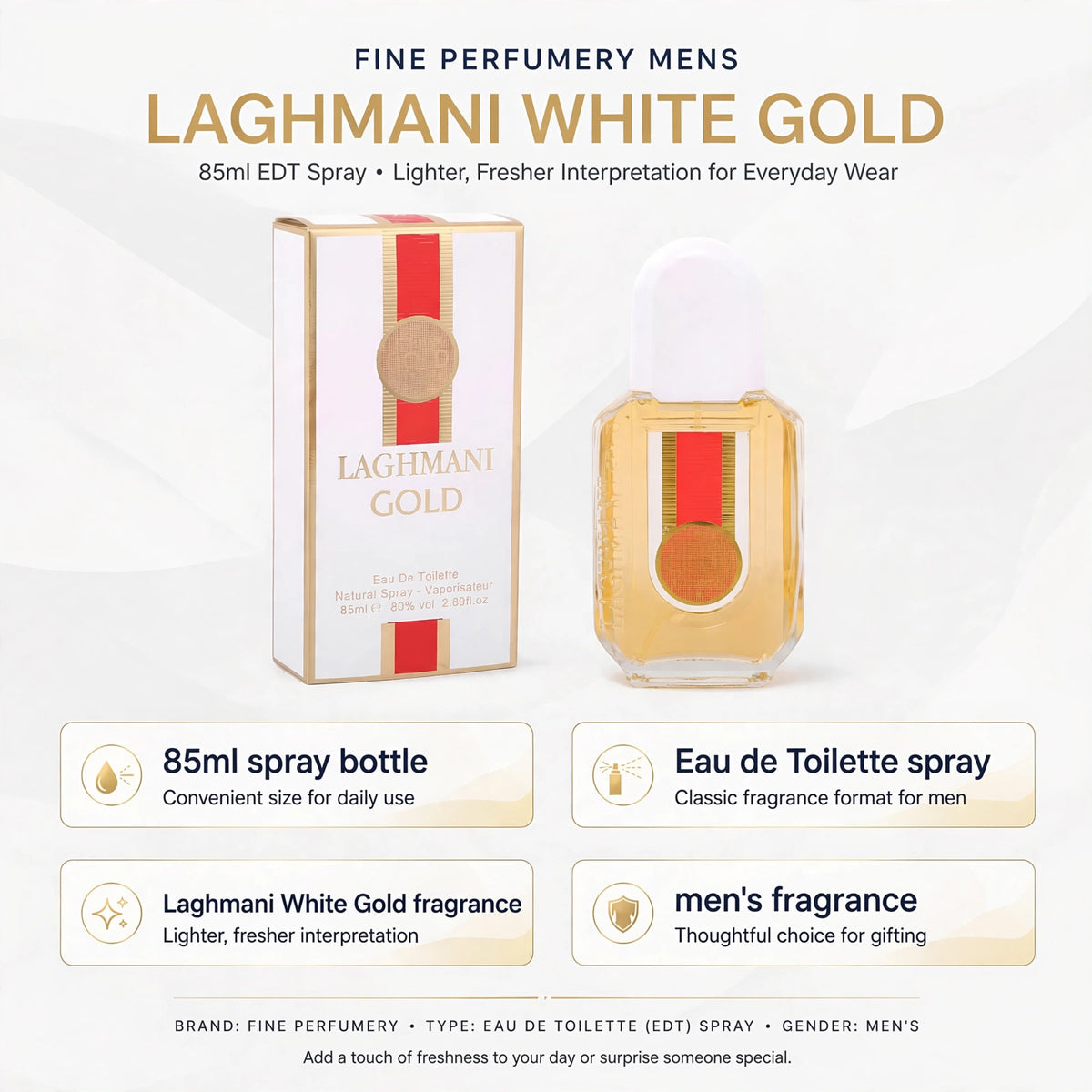 Infographic showing features of Fine Perfumery Mens Laghmani White Gold EDT spray including 85ml size and fresh scent