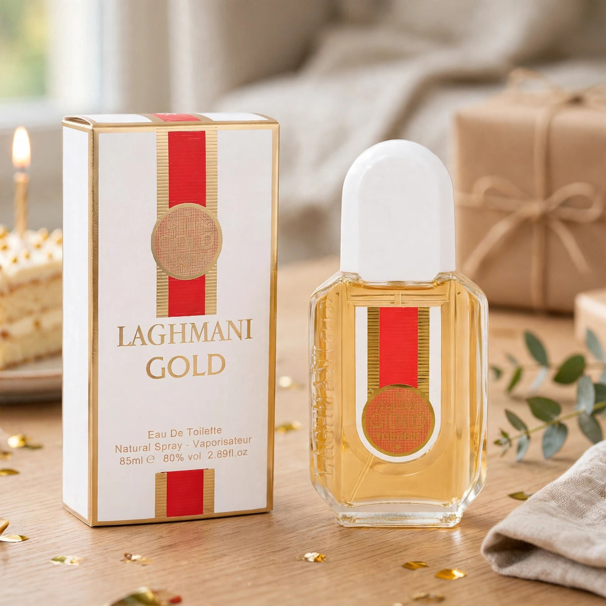 Fine Perfumery Mens Laghmani White Gold EDT spray displayed as a gift option