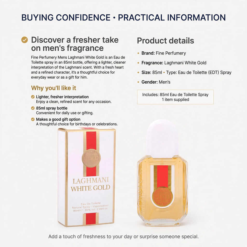 Fine Perfumery Mens Laghmani White Gold EDT spray suitable for everyday wear or gifting