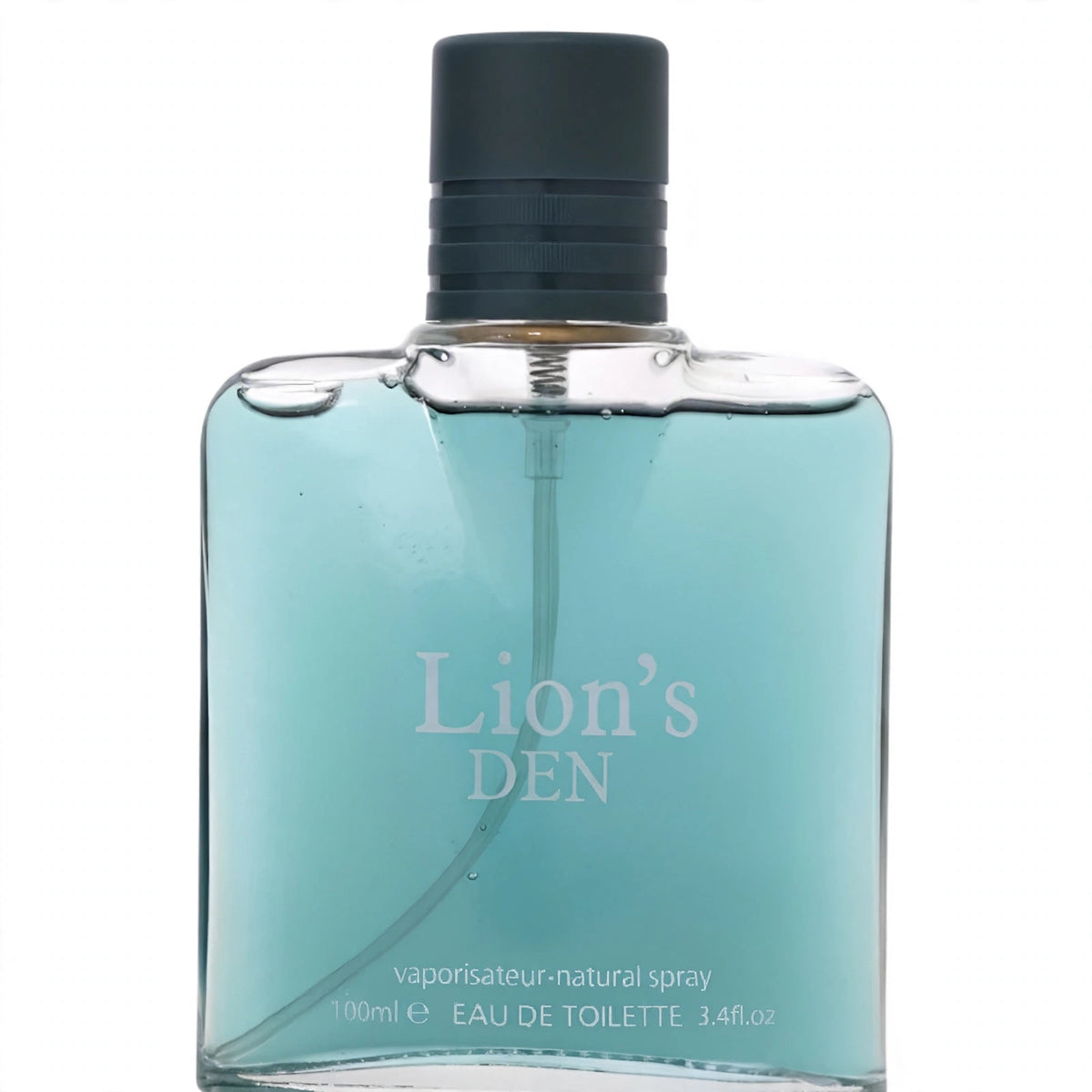 Close-up view of Fine Perfumery Mens Lion's Den Eau de Toilette spray bottle