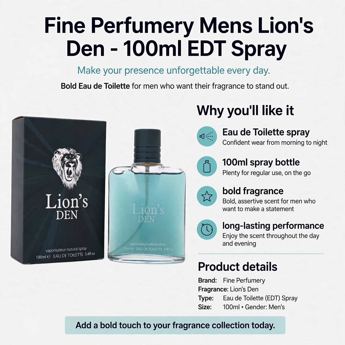 Infographic showing bold fragrance, rich scent, 100ml spray bottle, and long-lasting performance