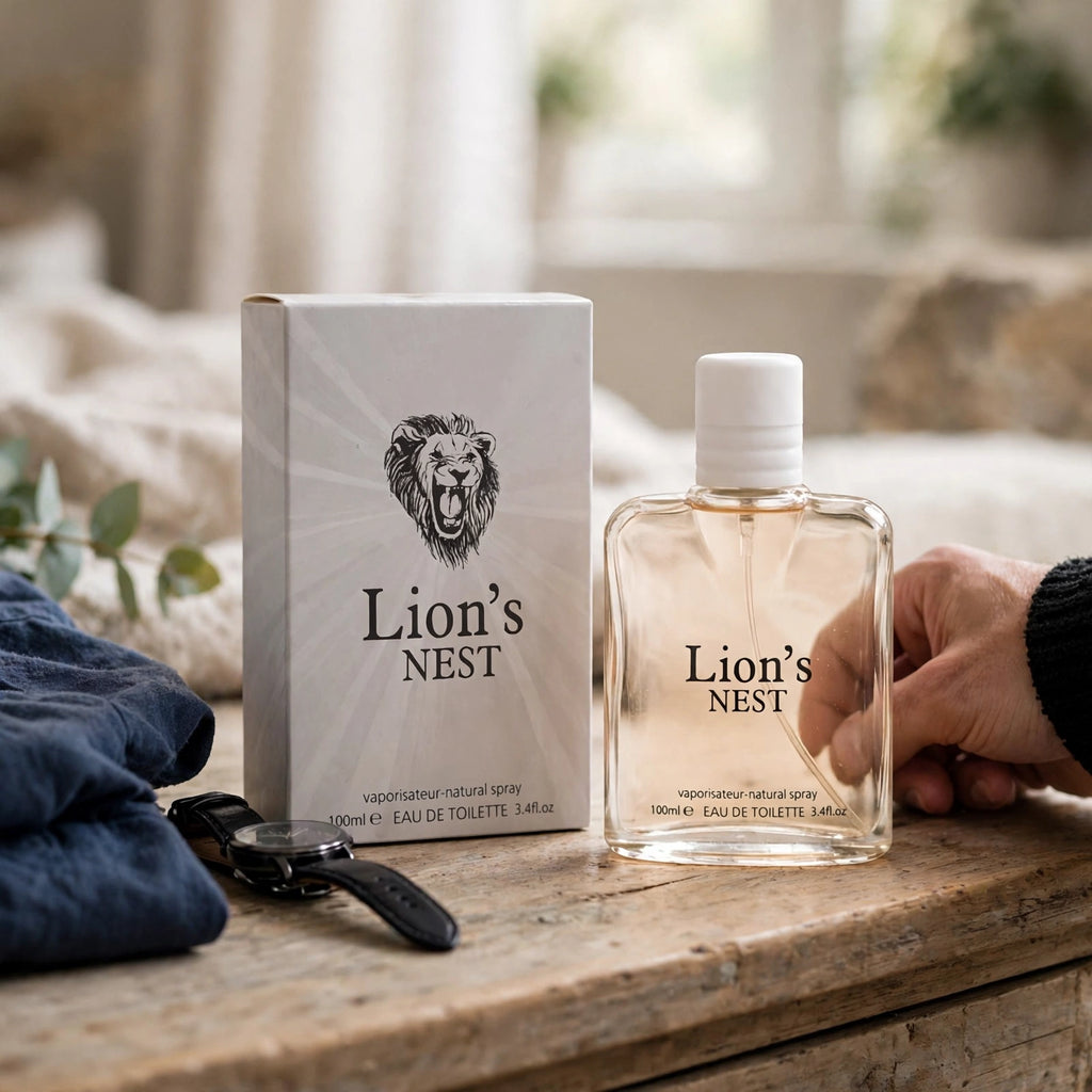 Fine Perfumery Mens Lion's Nest EDT spray displayed as a daily wear fragrance for men