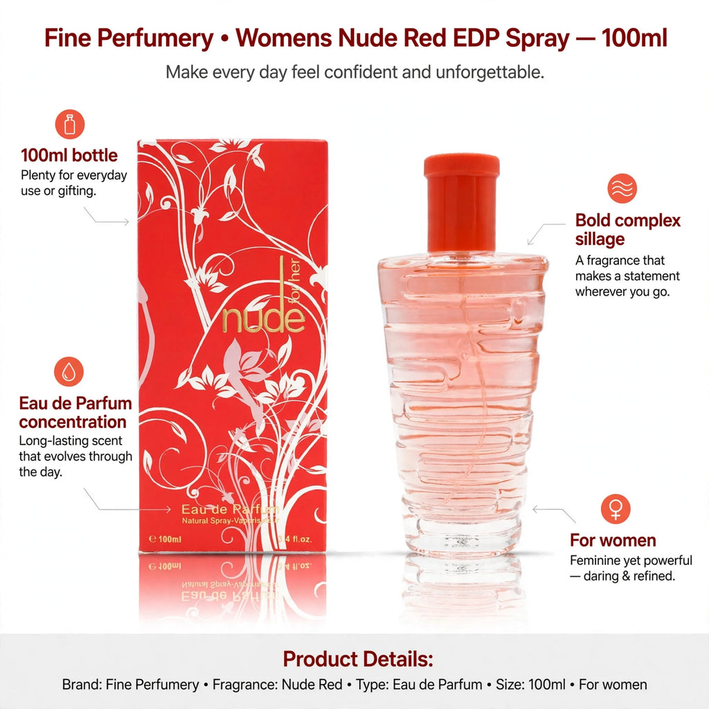 Infographic showing 100ml size, Eau de Parfum concentration, bold complex sillage, feminine yet powerful fragrance