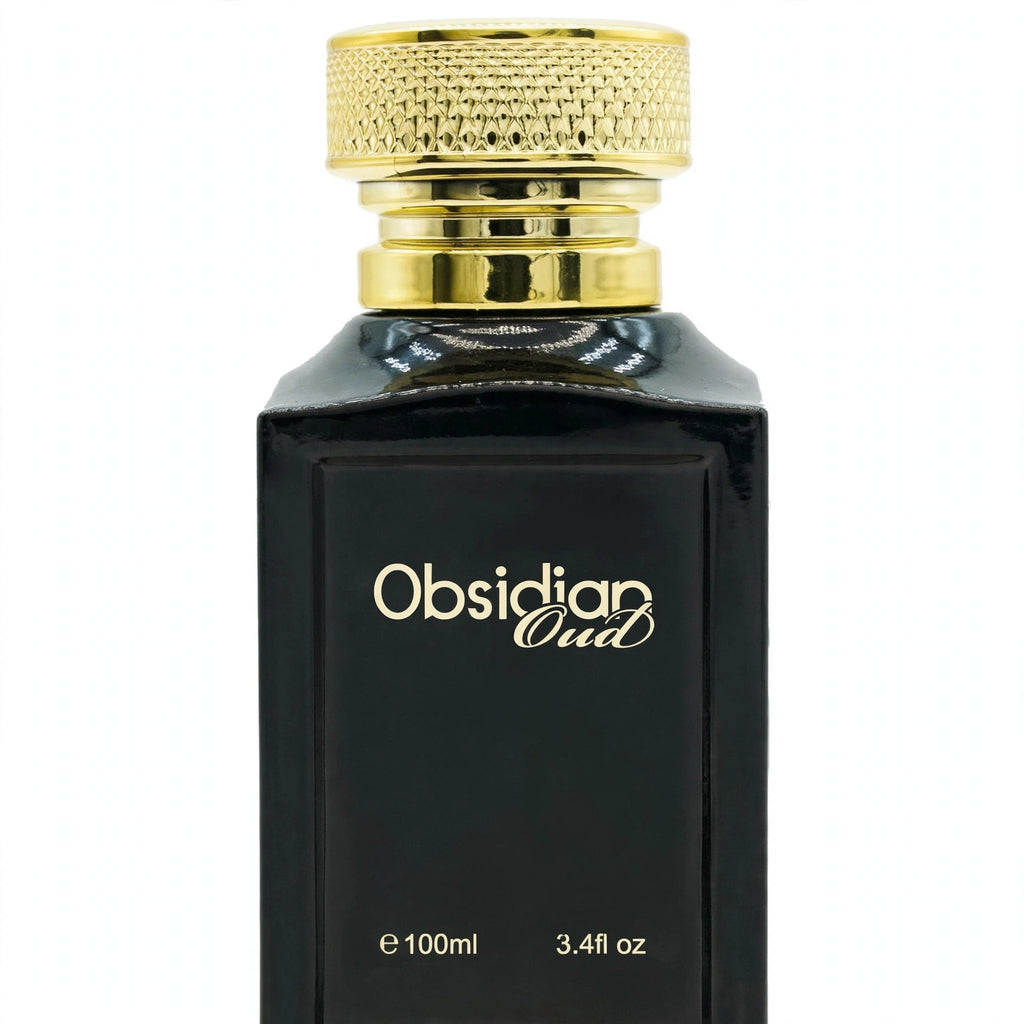 Close-up view of Fine Perfumery Obsidian Oud 100ml eau de parfum spray bottle