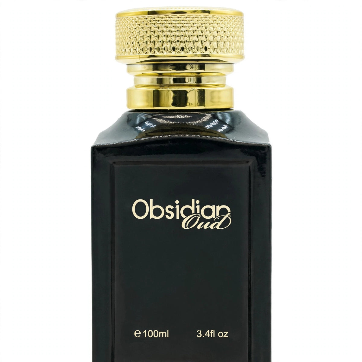 Close-up view of Fine Perfumery Obsidian Oud 100ml eau de parfum spray bottle