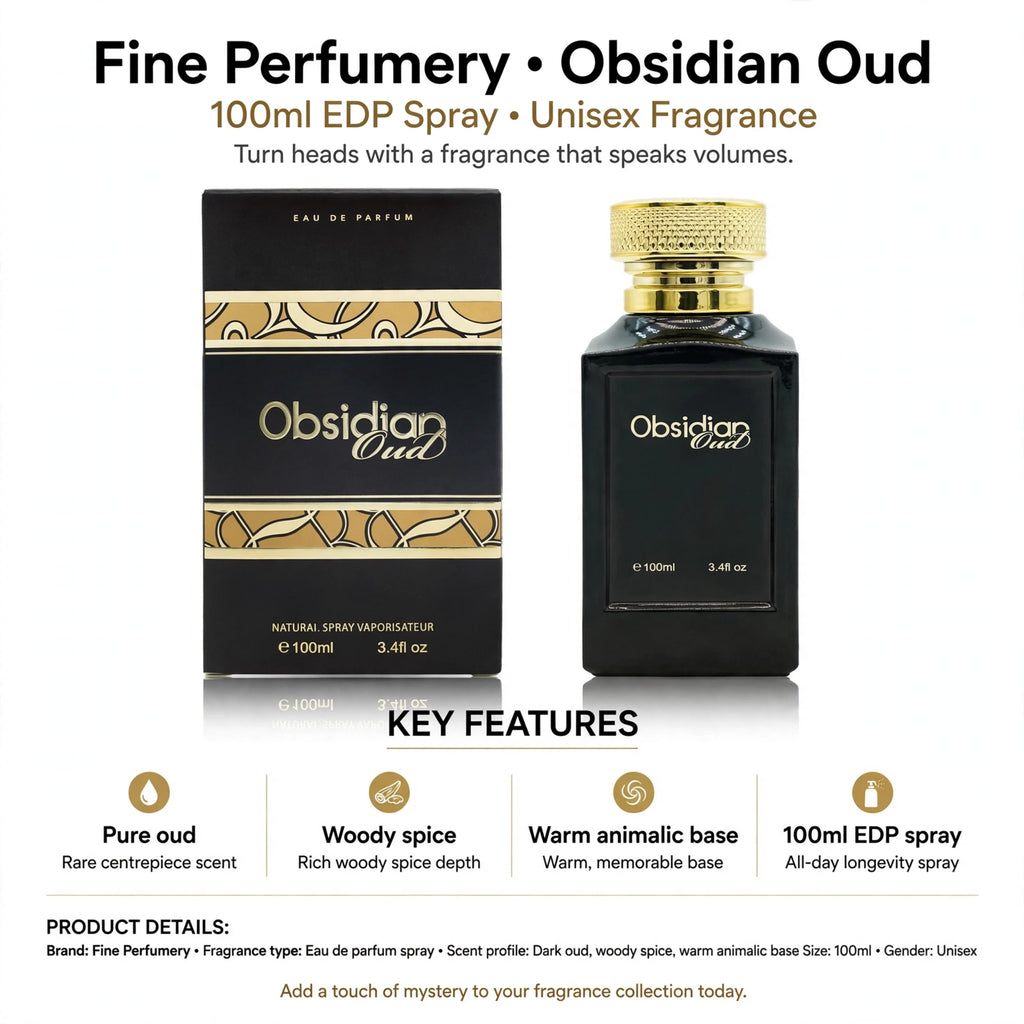Infographic showing pure oud, woody spice, warm animalic base features of Obsidian Oud fragrance