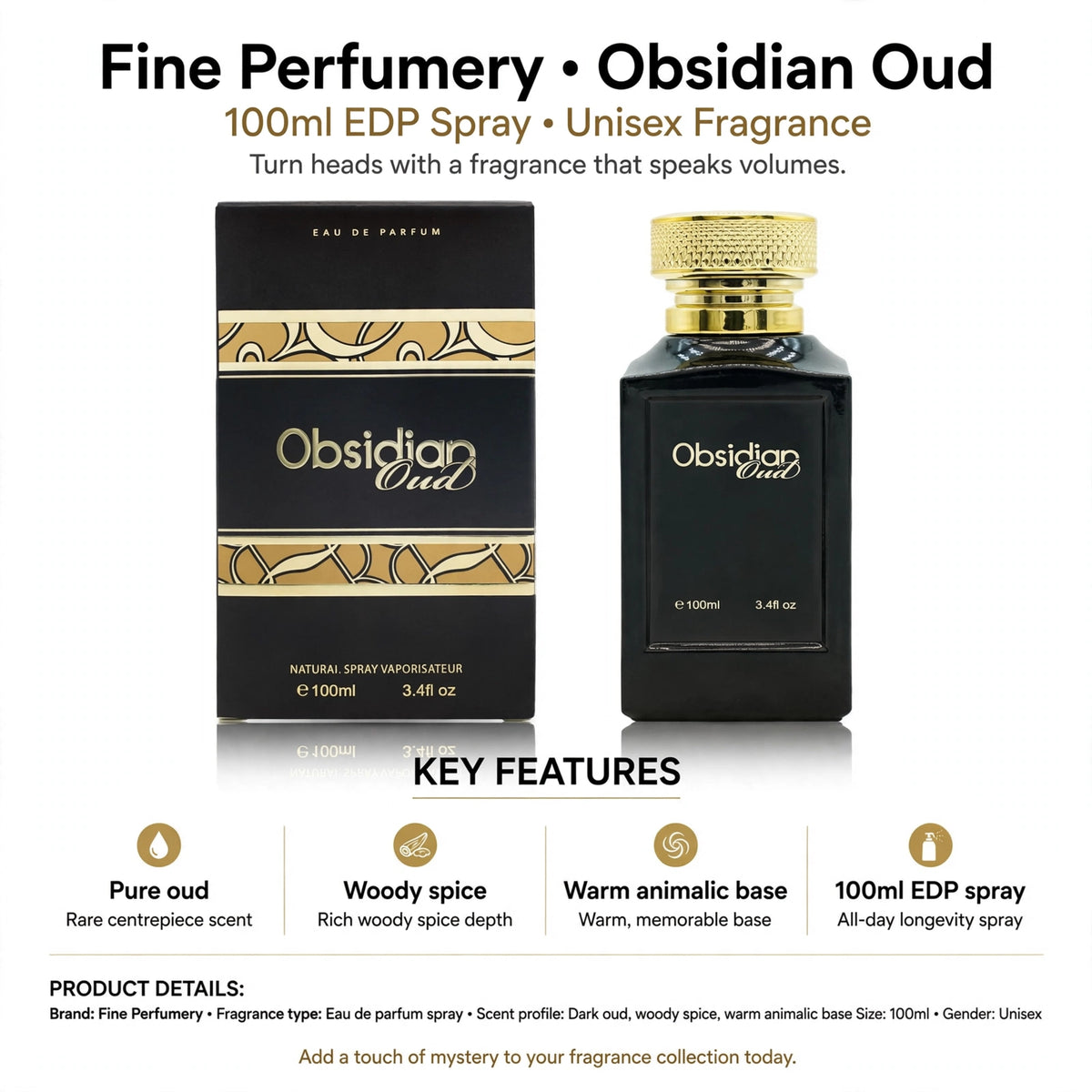 Infographic showing pure oud, woody spice, warm animalic base features of Obsidian Oud fragrance