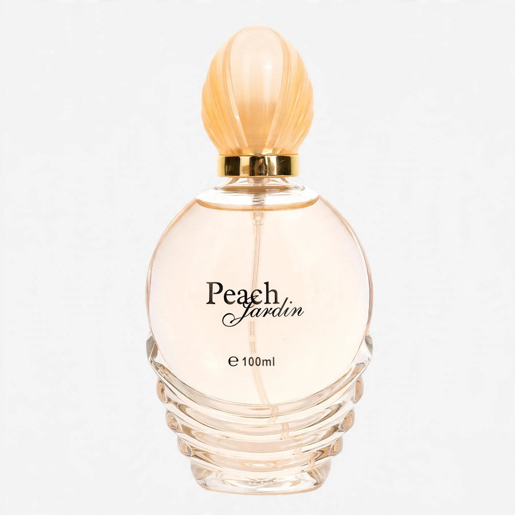 Close-up view of Fine Perfumery Womens Peach Jardin Eau de Parfum spray bottle