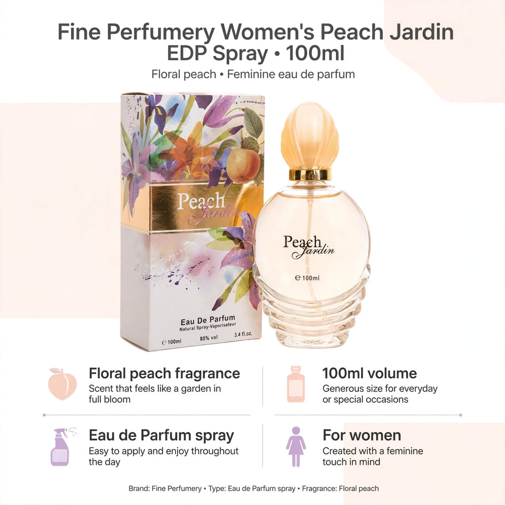 Infographic showing floral peach fragrance, Eau de Parfum spray type, 100ml volume, for women