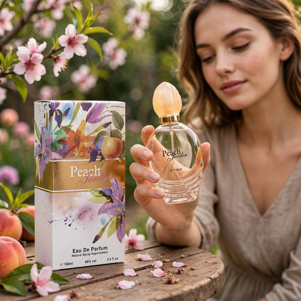 Fine Perfumery Womens Peach Jardin Eau de Parfum spray displayed with floral elements