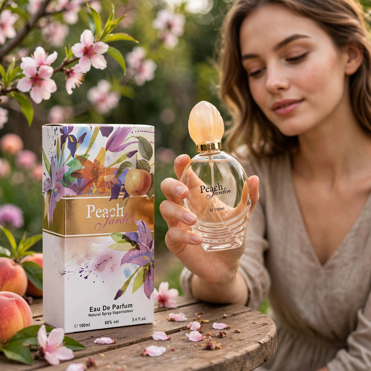 Fine Perfumery Womens Peach Jardin Eau de Parfum spray displayed with floral elements