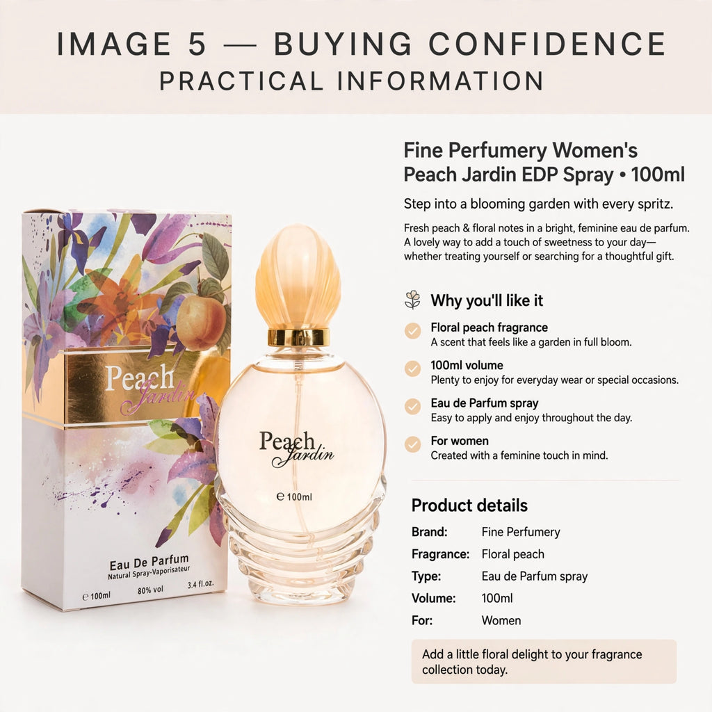 Information about floral peach scent, Eau de Parfum spray, 100ml size, and designed for women
