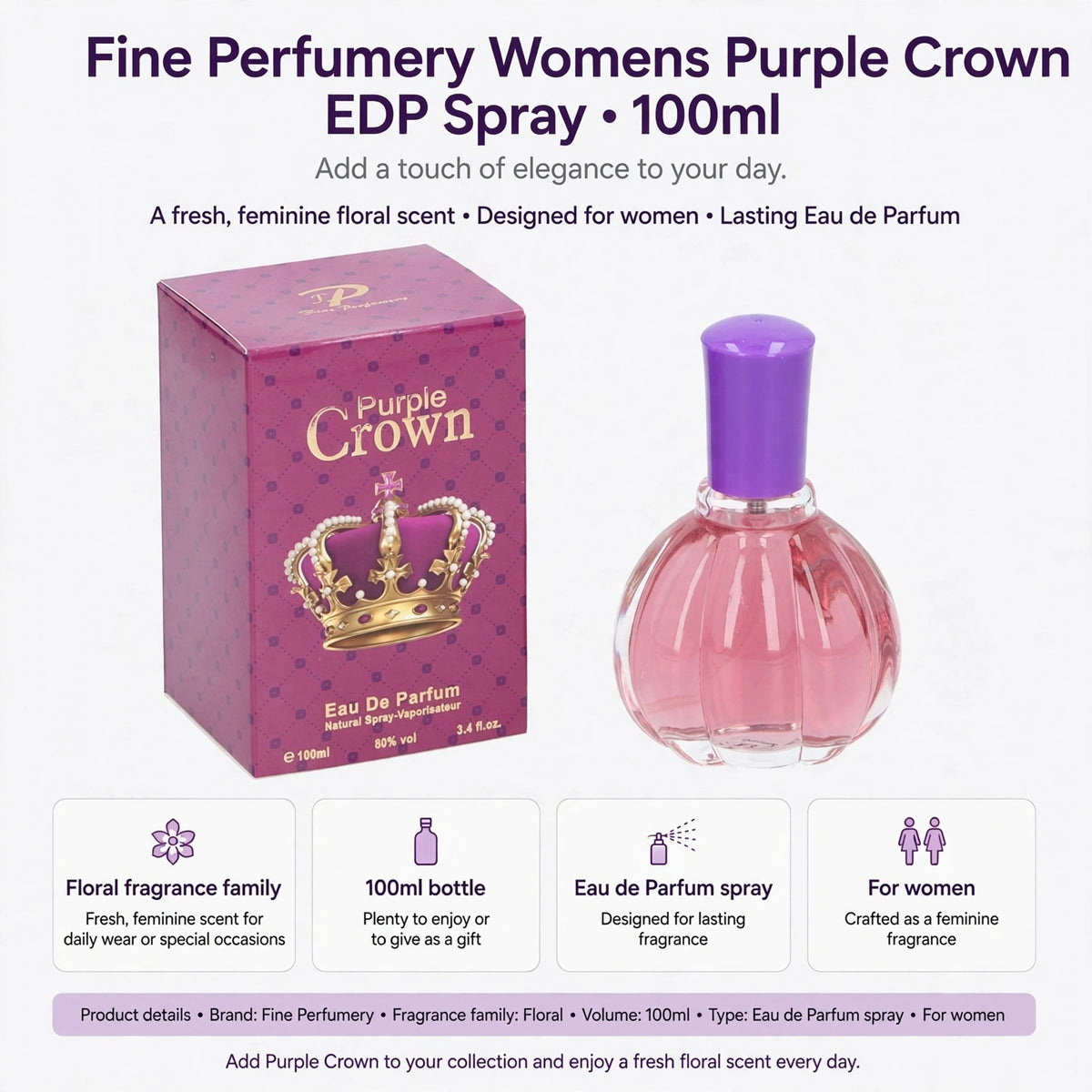 Infographic showing floral fragrance family, 100ml volume, Eau de Parfum spray, designed for women