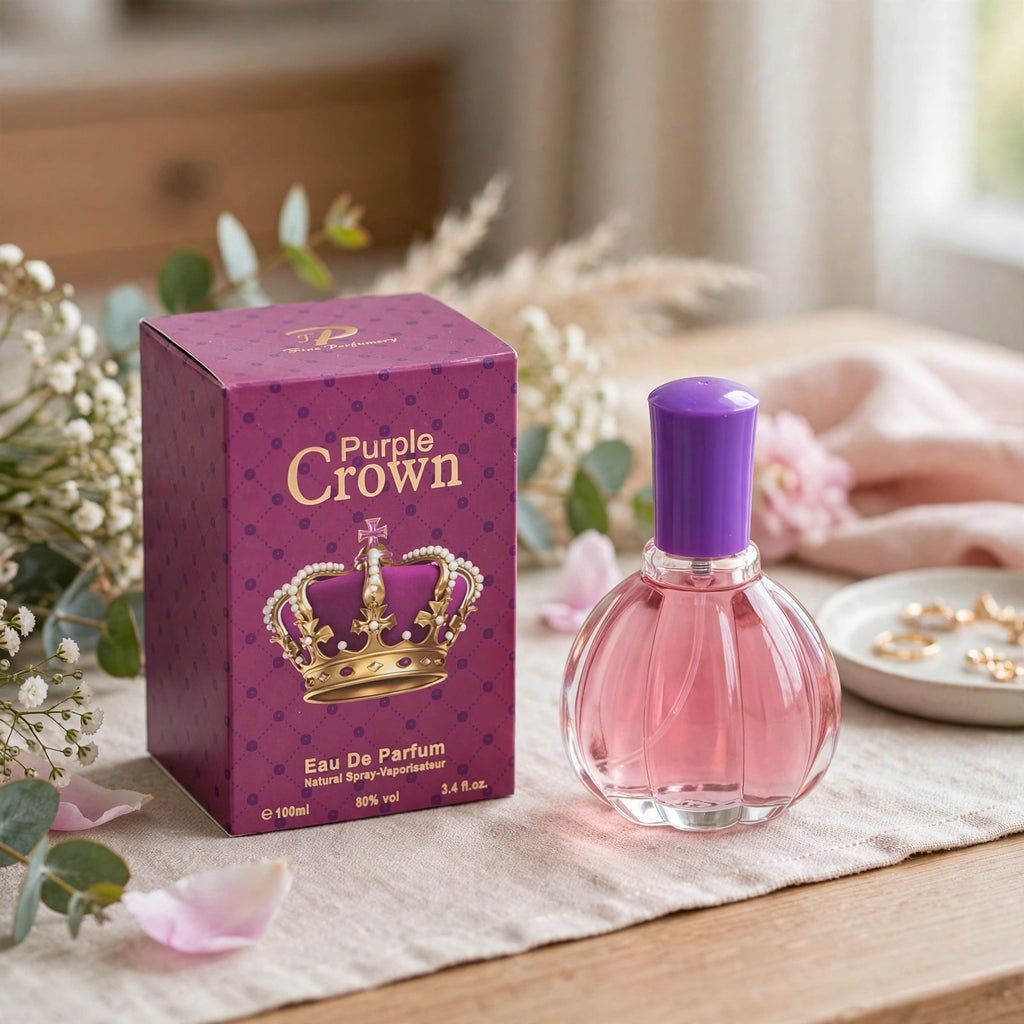 Fine Perfumery Womens Purple Crown Eau de Parfum spray displayed on a dressing table