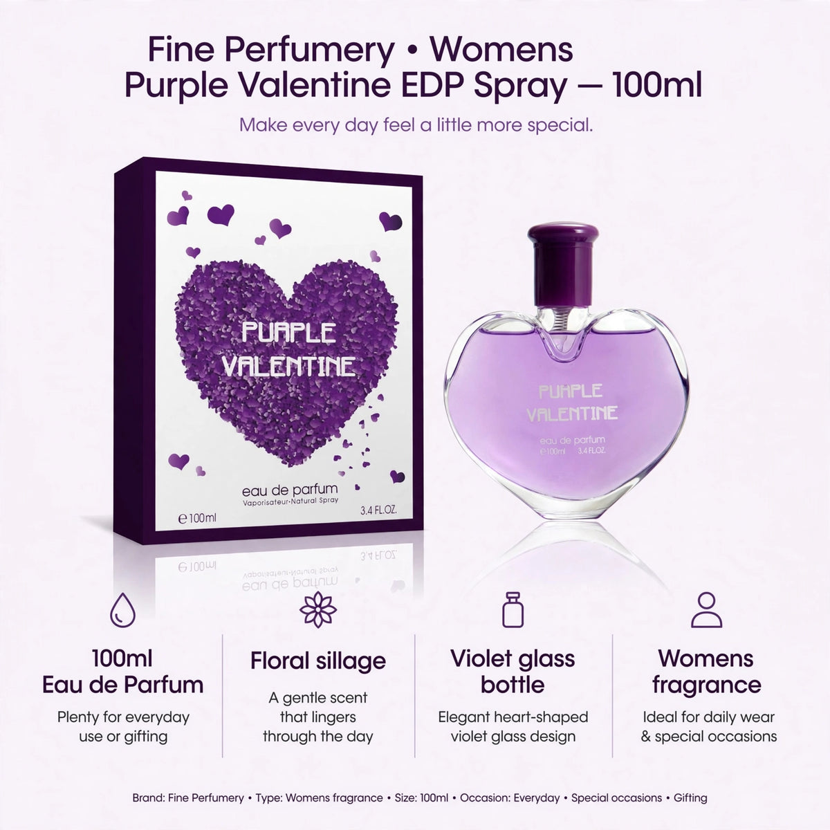 Infographic showing 100ml size, floral sillage, violet glass bottle, and womens fragrance