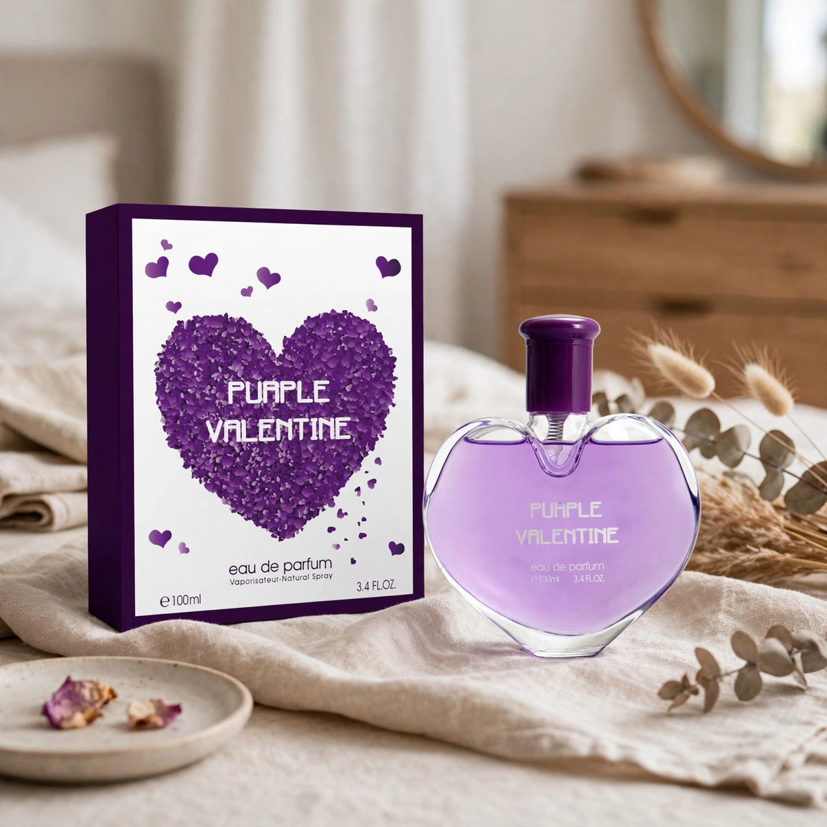 Fine Perfumery Purple Valentine Eau de Parfum displayed on a dressing table