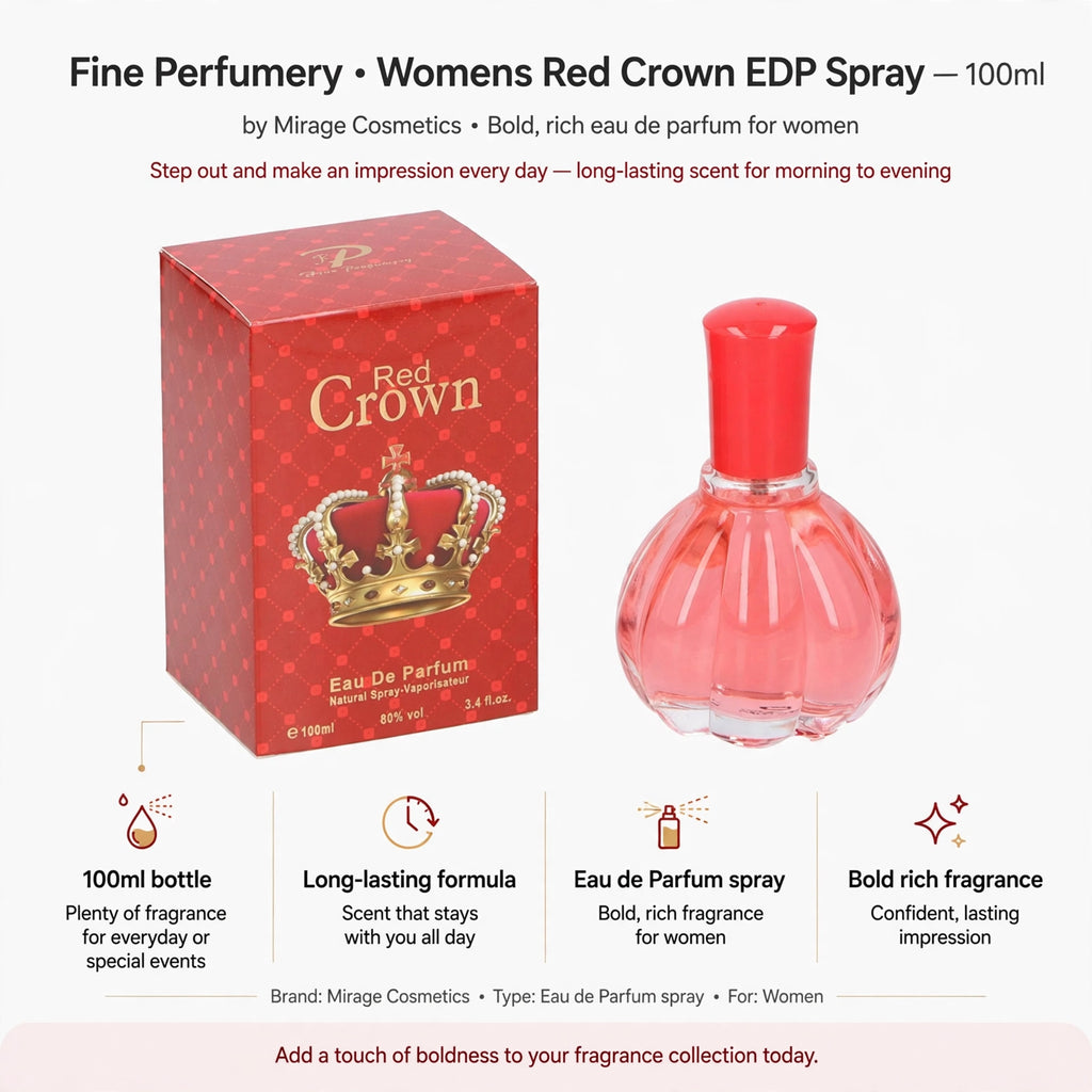 Infographic showing 100ml bottle size, Eau de Parfum spray type, long-lasting formula, and bold rich fragrance