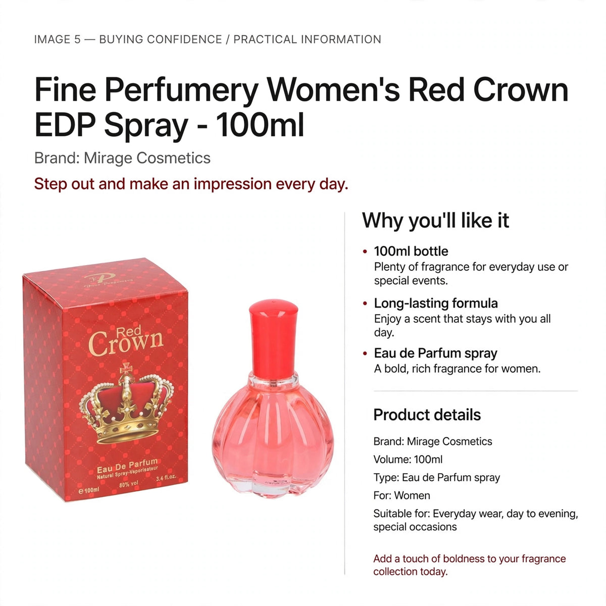 Information about 100ml volume, long-lasting formula, and suitability for daily wear or special events