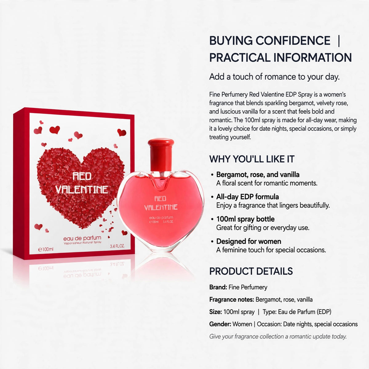 Information about all-day wear and 100ml spray size for Fine Perfumery Red Valentine EDP