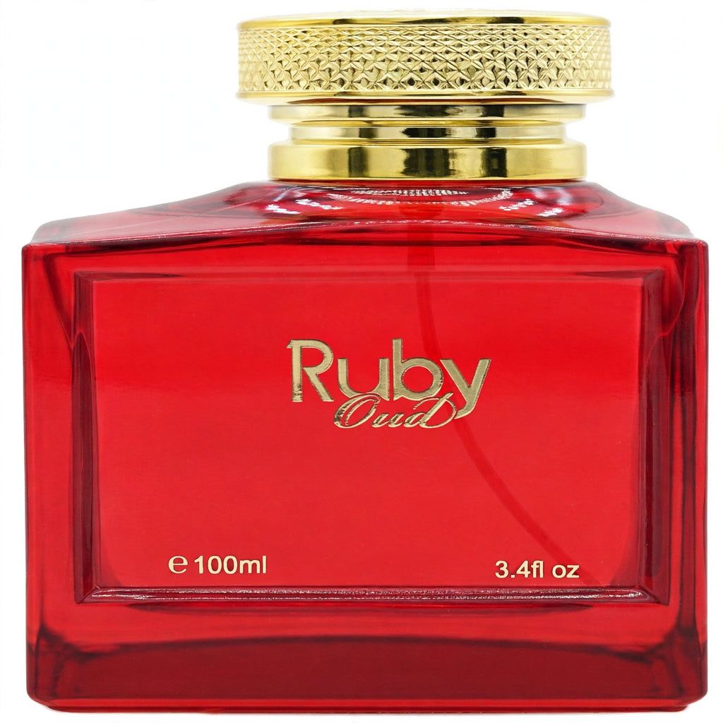 Close-up view of Fine Perfumery Ruby Oud EDP spray bottle
