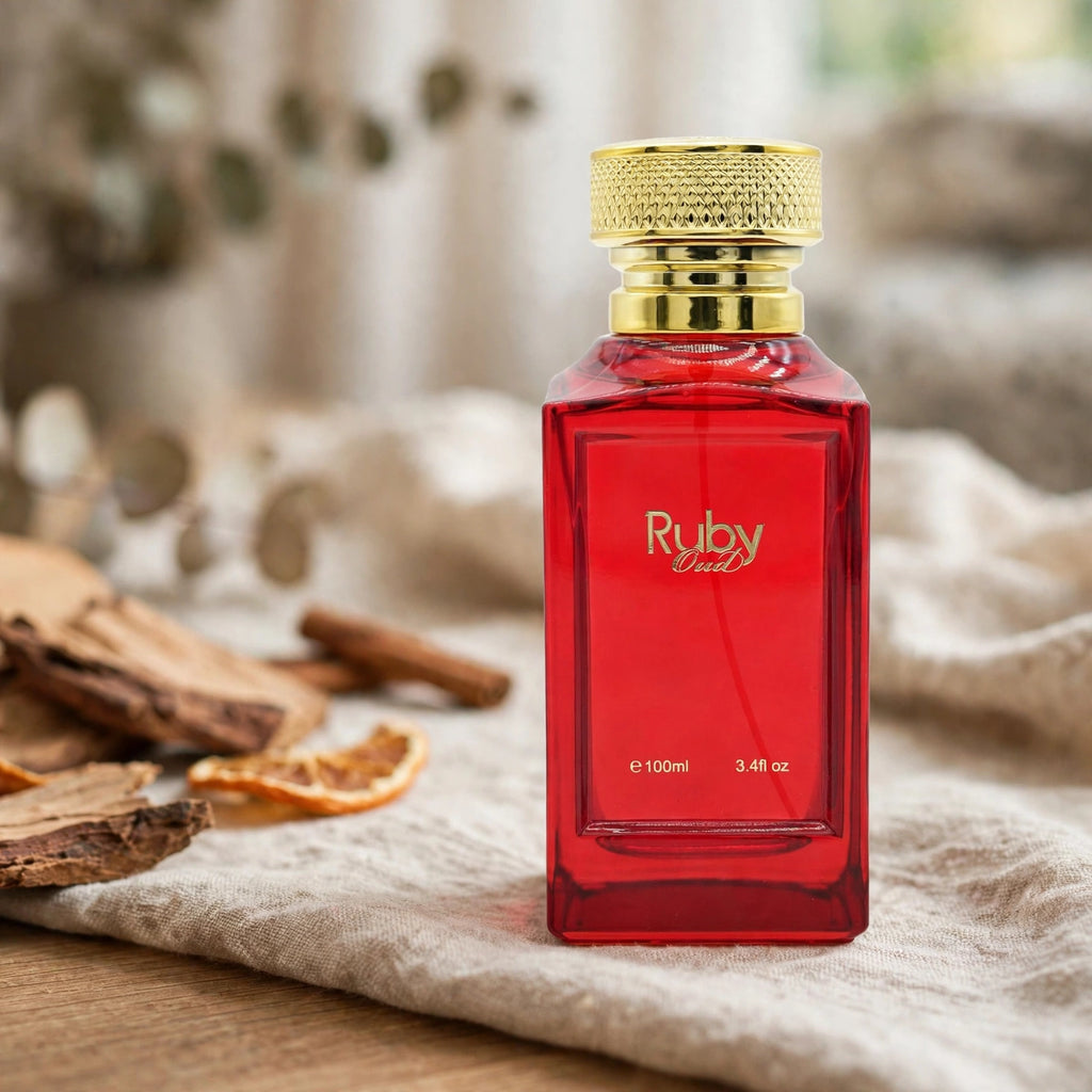 Fine Perfumery Ruby Oud unisex fragrance displayed for day or night use
