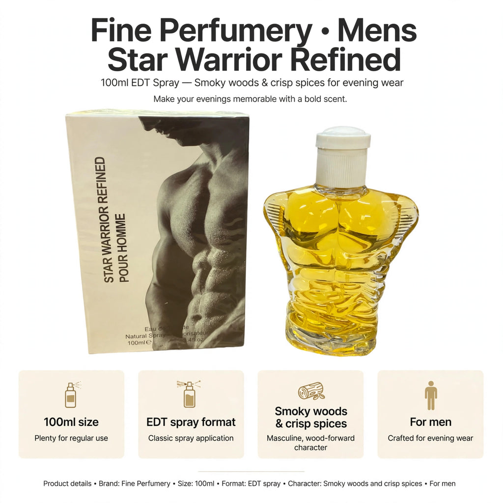 Infographic showing 100ml size, EDT spray format, smoky woods and crisp spices fragrance