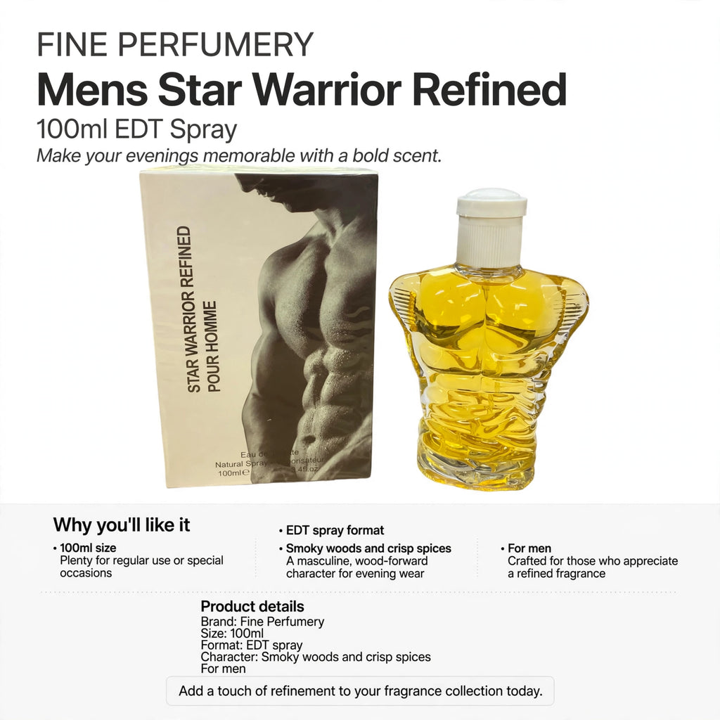 Information about 100ml size and EDT spray format for Fine Perfumery Mens Star Warrior Refined