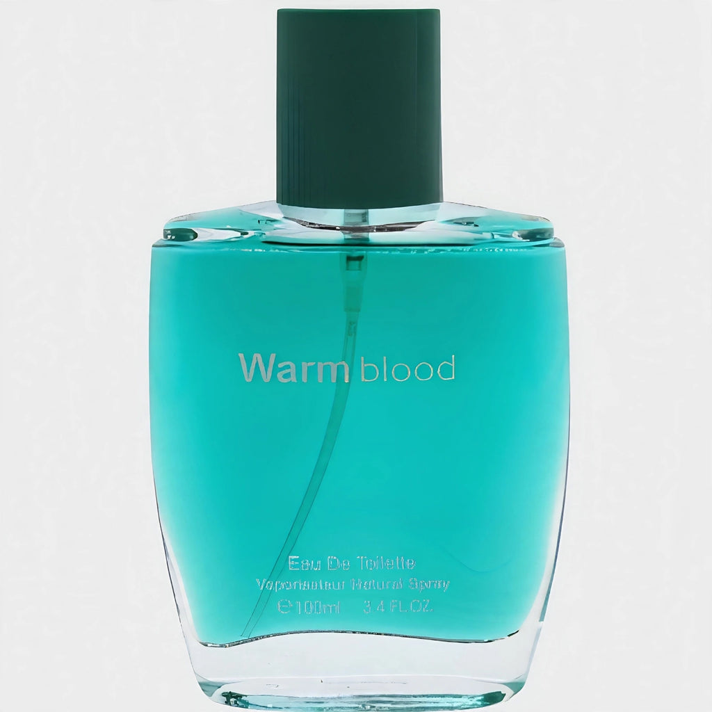 Close-up view of Fine Perfumery Mens Warm Blood 100ml EDT spray bottle highlighting gunmetal-style finish