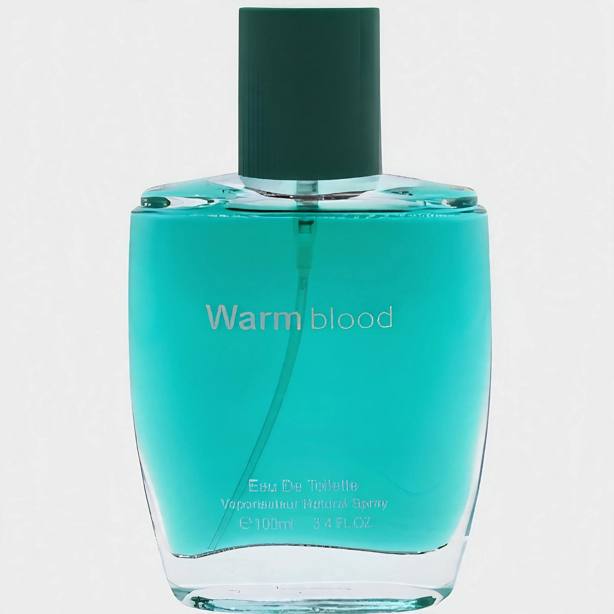 Close-up view of Fine Perfumery Mens Warm Blood 100ml EDT spray bottle highlighting gunmetal-style finish