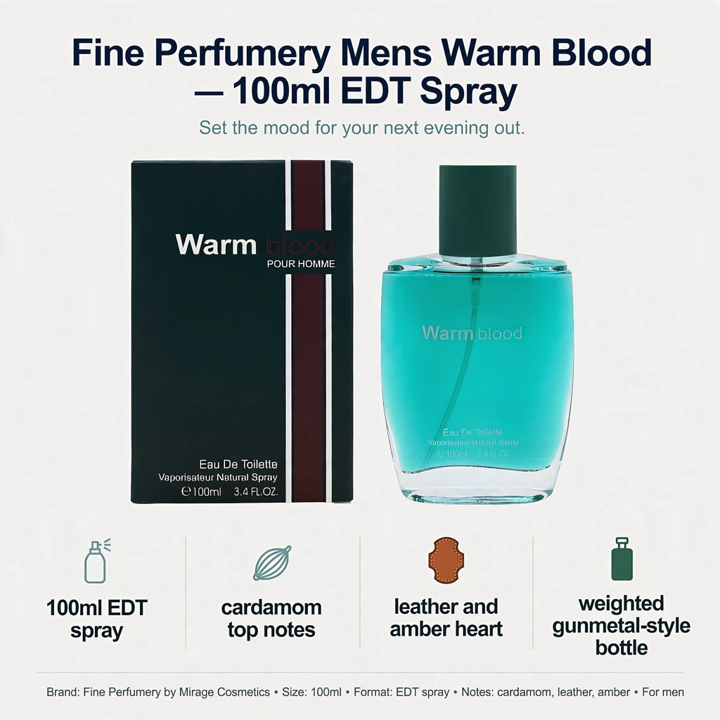 Infographic showing features of Fine Perfumery Mens Warm Blood including cardamom, leather, amber notes and 100ml EDT spray format