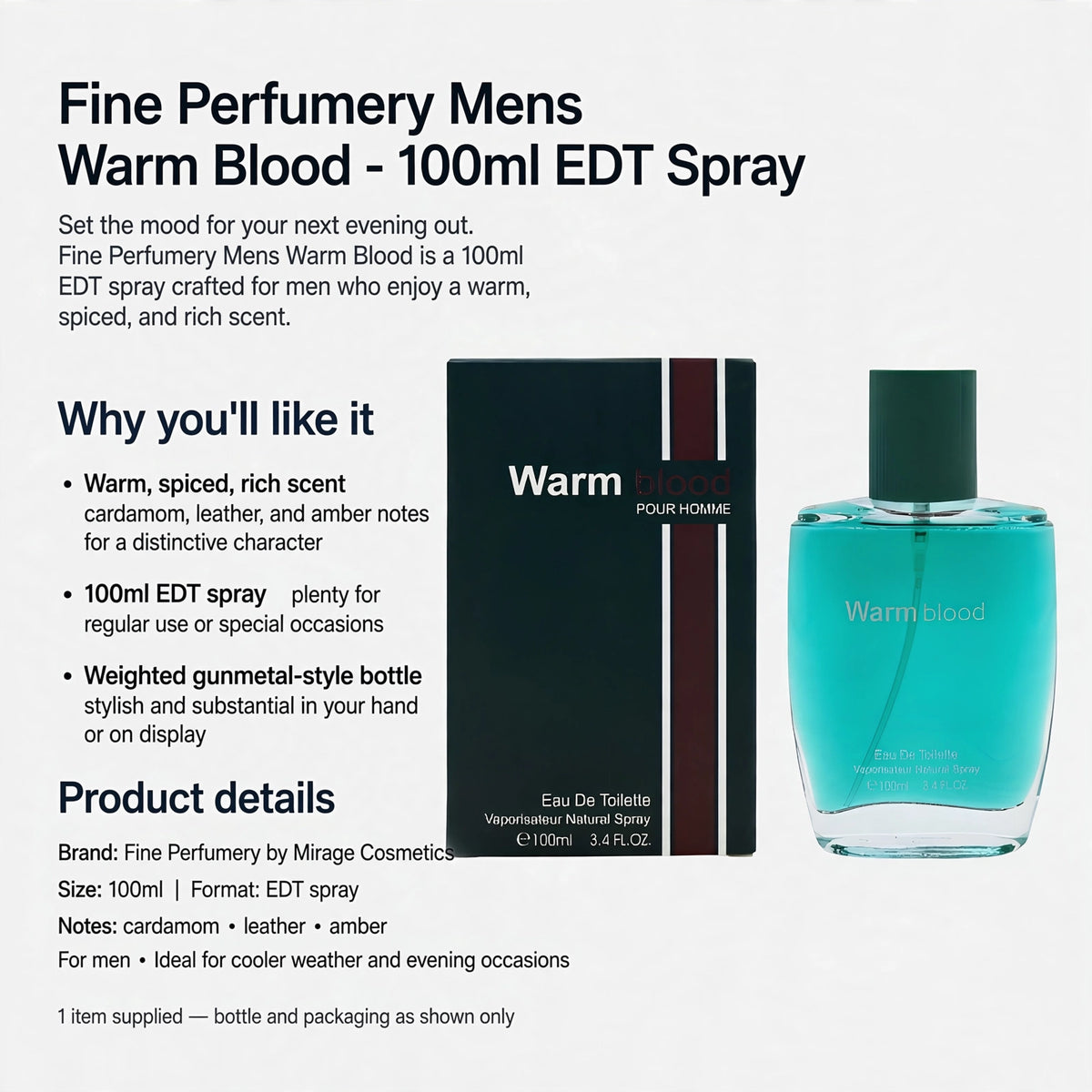 Fine Perfumery Mens Warm Blood 100ml EDT spray designed for men with warm, spiced, rich scent