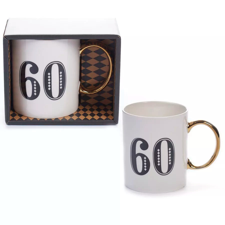 Art Deco Gift Mug Age 60 White/Blue/Gold Gift Boxed