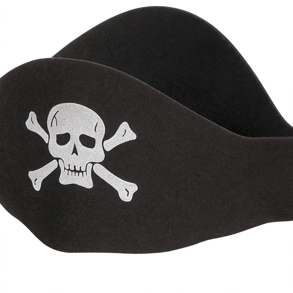 Close-up view of flat pirate hat in black and white polyester material