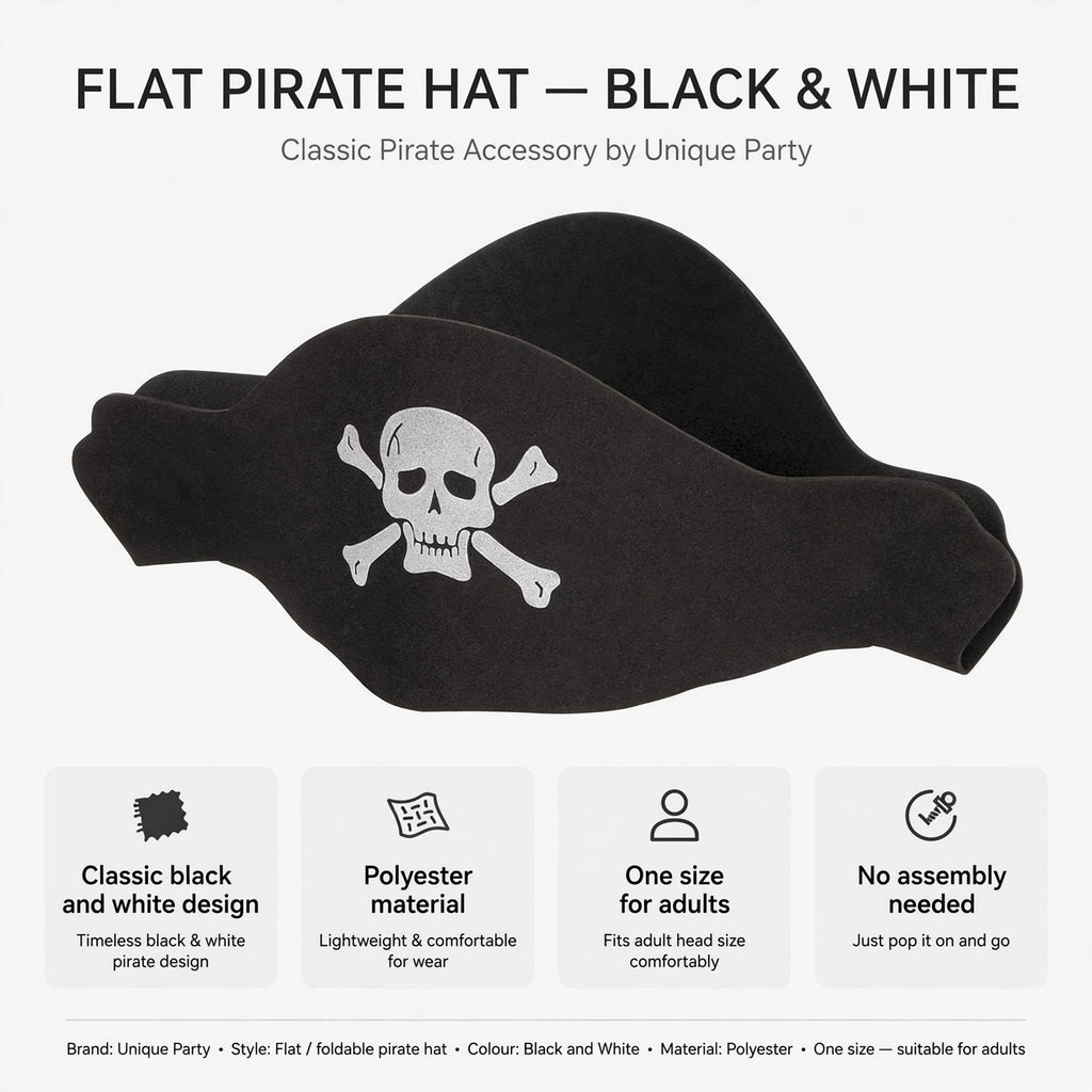 Infographic showing classic black and white design, polyester material, one size for adults, and no assembly needed