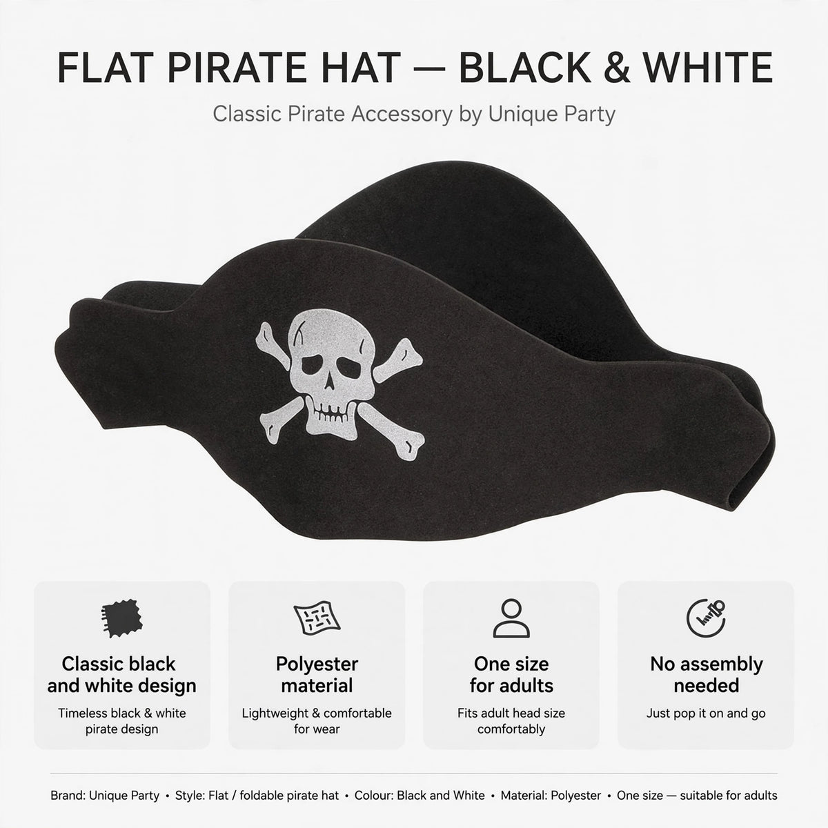 Infographic showing classic black and white design, polyester material, one size for adults, and no assembly needed