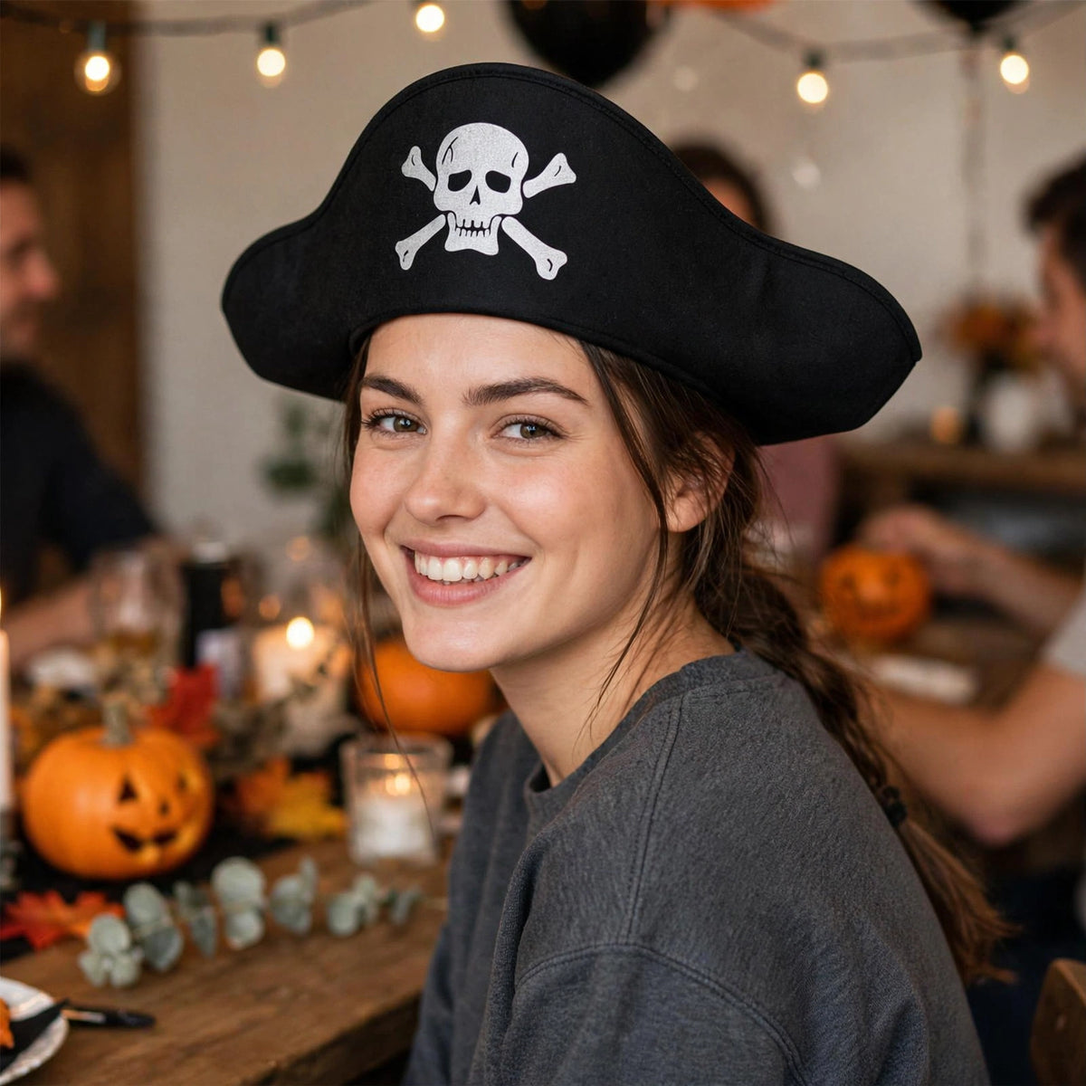 Person wearing flat black and white pirate hat at a themed event